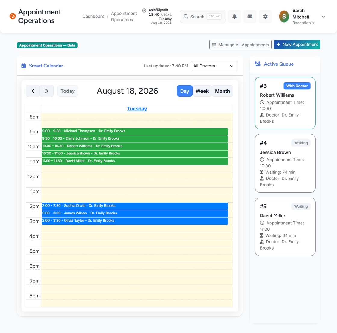 Appointment Operations — calendar and live queue screenshot