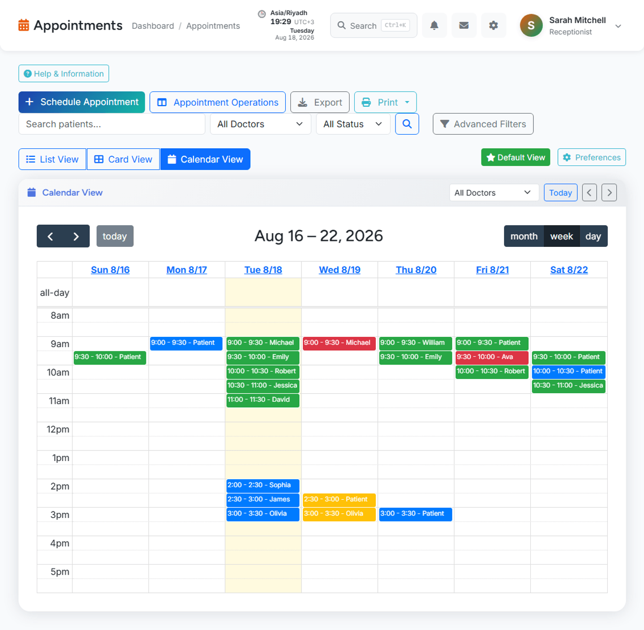 Appointments calendar screenshot: today's schedule, status filters, and clinic operations