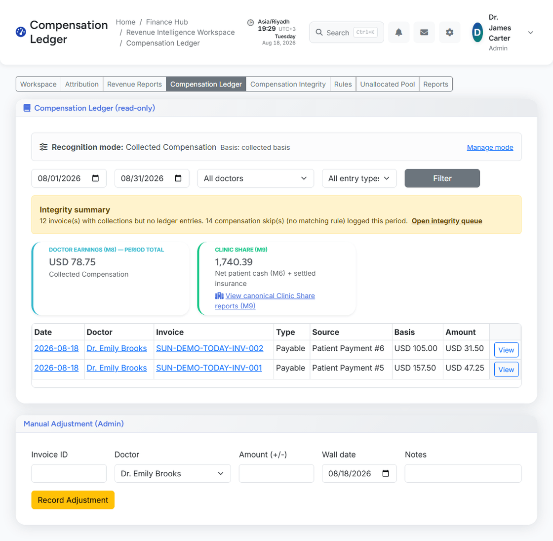 Doctor compensation ledger screenshot